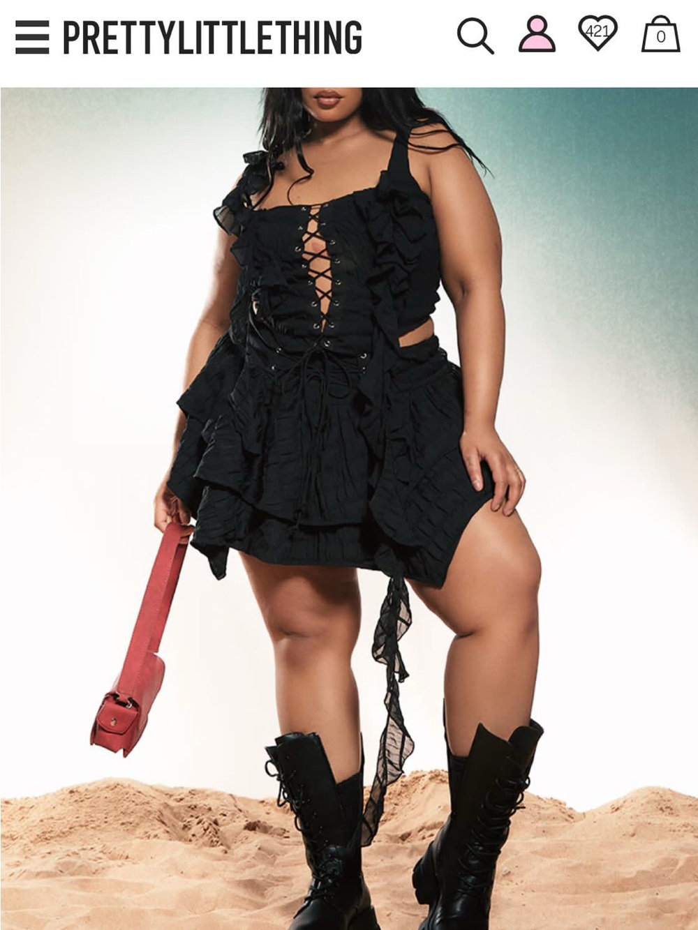 PrettyLittleThing Black Lace-Up Ruffle Mini Skirt Set with Strappy Details